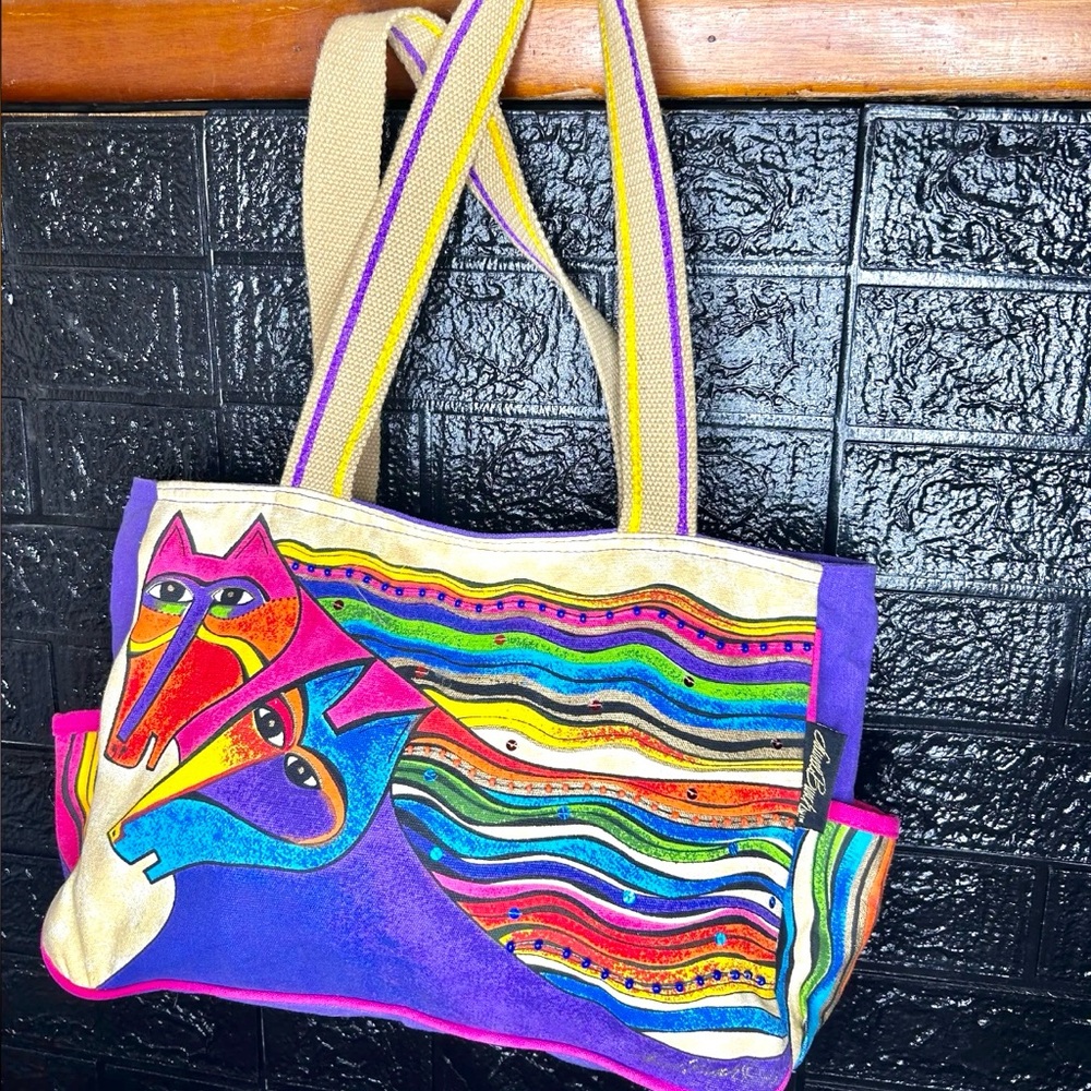 SOLDDDD🔥 Laurel Burch Cat Canvas Tote Shoulder Bag Colorful Artistic